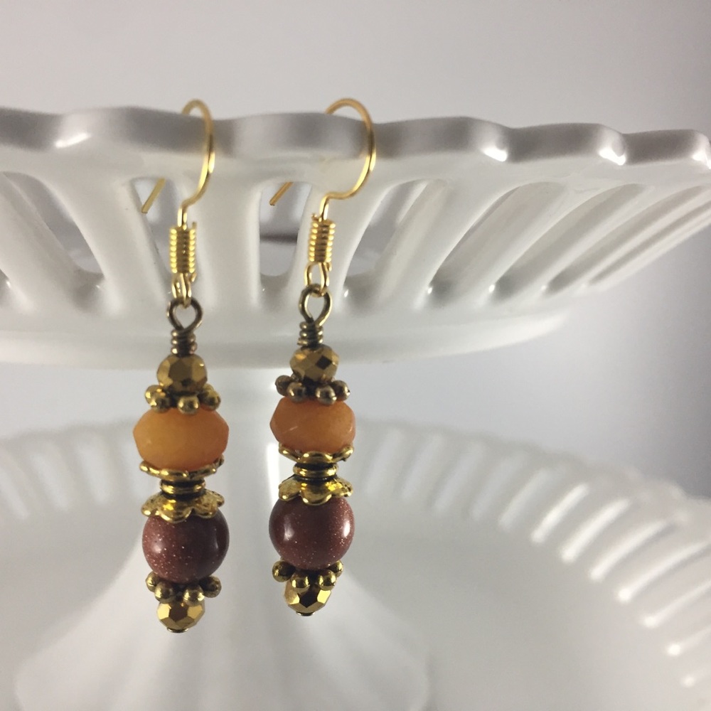 Handmade Earrings Sand Stone Brownish Red Amber Yellow Gold Plated